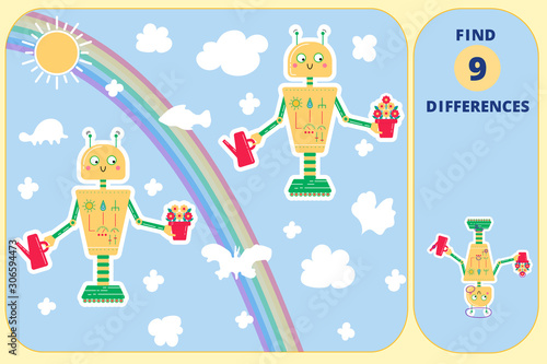 Сolor spot the difference game for preschool children. Puzzle. Robots for kids.