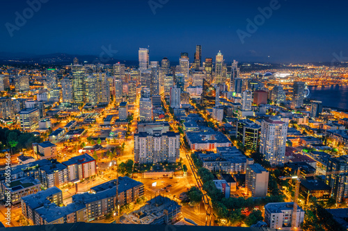 Seattle night skyline view from Space Needle with wonderful yellow city lights  Washington  USA
