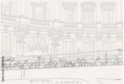 Hand drawn illustration. People ride a hop on hop off tourist bus through a big European city