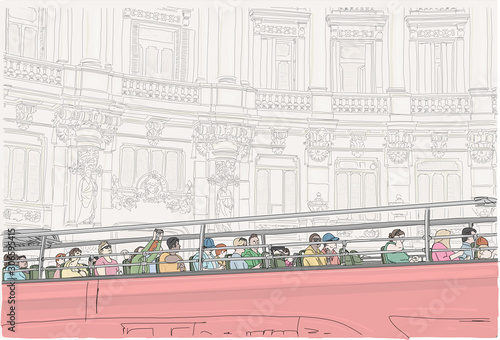 Hand drawn illustration. People ride a hop on hop off tourist bus through a big European city