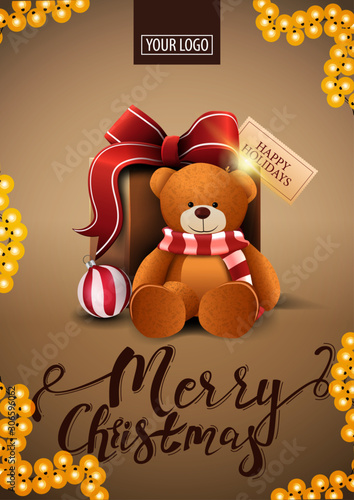 Merry Christmas, brown vertical postcard in minimalistic style with frame of garland and present with Teddy bear