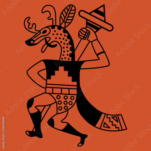 Funny deer warrior. Monochrome silhouette. Ancient Peruvian tribal motif of Mochica or Moche Indians.