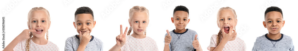 Collage with little children on white background. Concept of speech therapy Collage with little children on white background. Concept of speech therapy