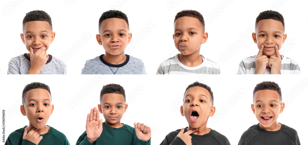 Collage with little boy on white background. Concept of speech therapy Collage with little boy on white background. Concept of speech therapy