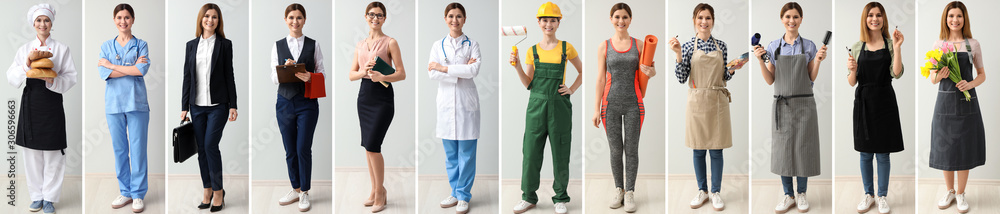 Collage with woman in uniforms of different professions Collage with woman in uniforms of different professions