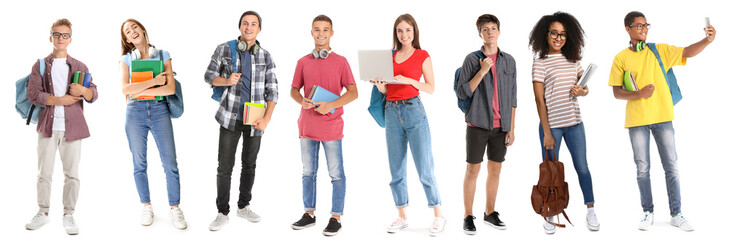 Teenage boy with backpack and books on white background