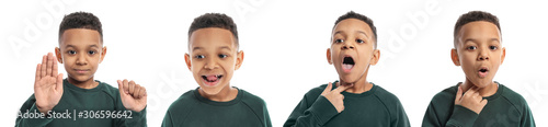 Фотография Collage with little boy on white background