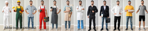 Collage with young man in uniforms of different professions photo