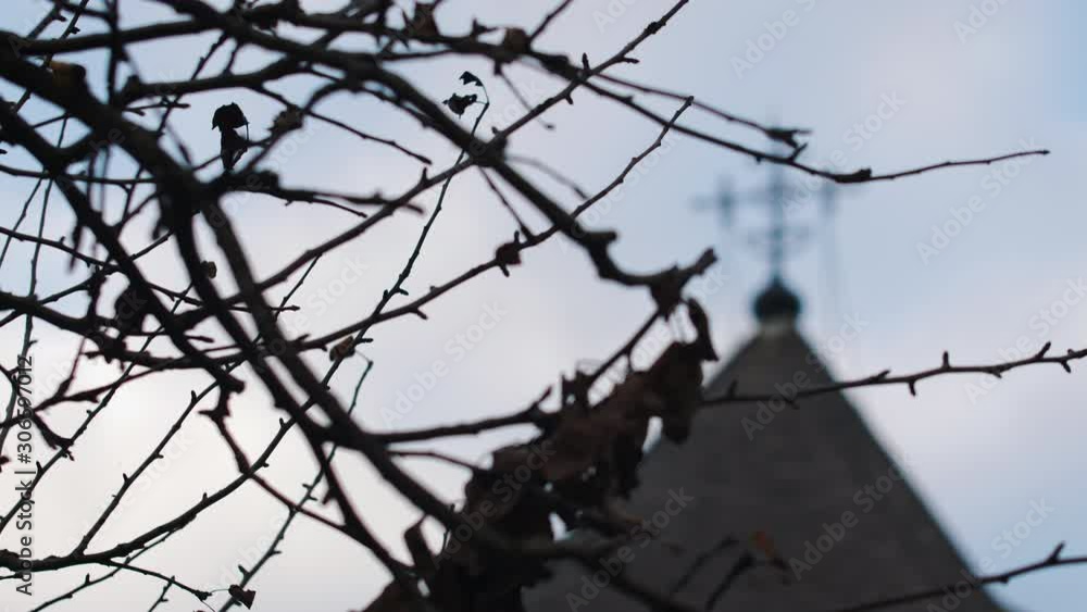 Church Cross With Dry Branches Slow Motion 4k 3