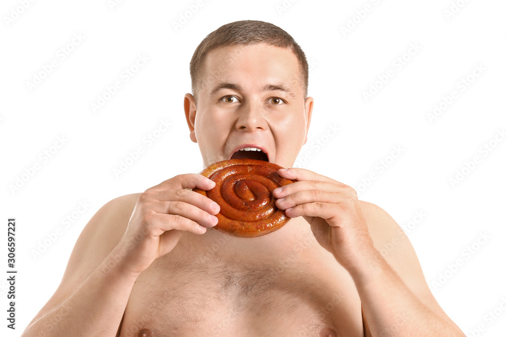 Overweight man with tasty sausage on white background Overweight man with tasty sausage on white background