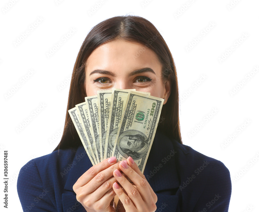 Beautiful young businesswoman with money on white background Beautiful young businesswoman with money on white background