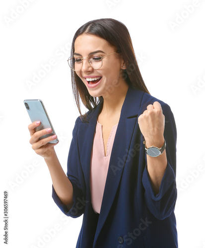 Happy young businesswoman w...