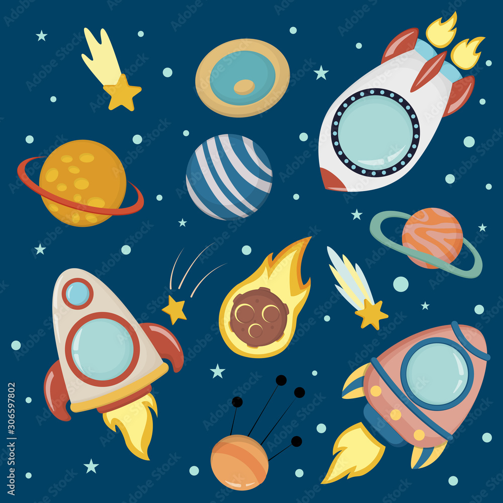 Planets and rockets for children- flat vector