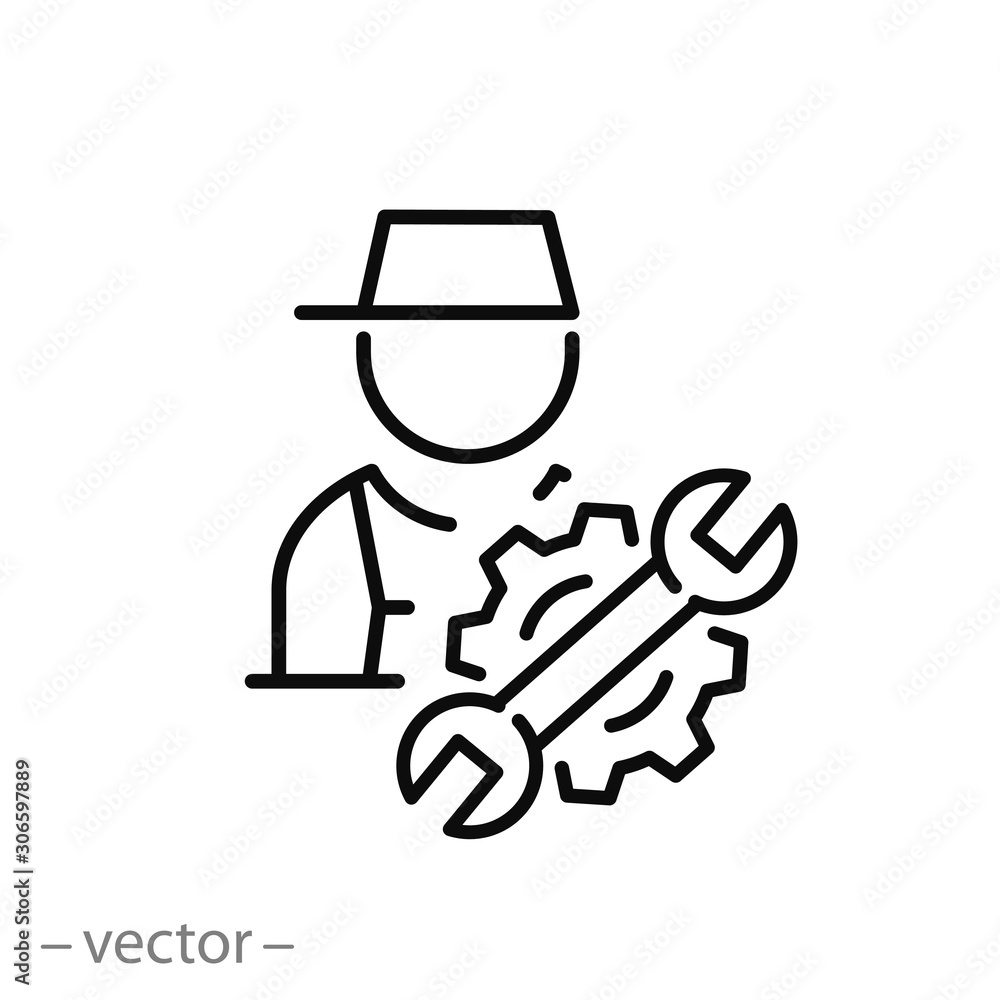 technician man icon, engineer or contractor ,maintenance technical, handy service, quality assistance, thin line web symbol on white background - editable stroke vector illustration eps10