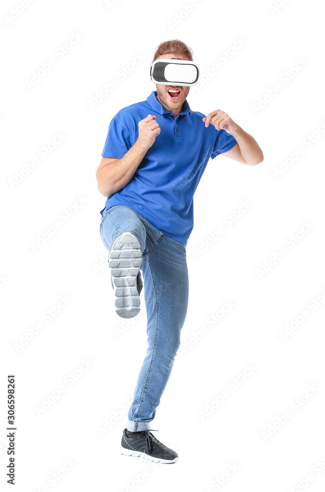 Young man with VR glasses on white background Young man with VR glasses on white background