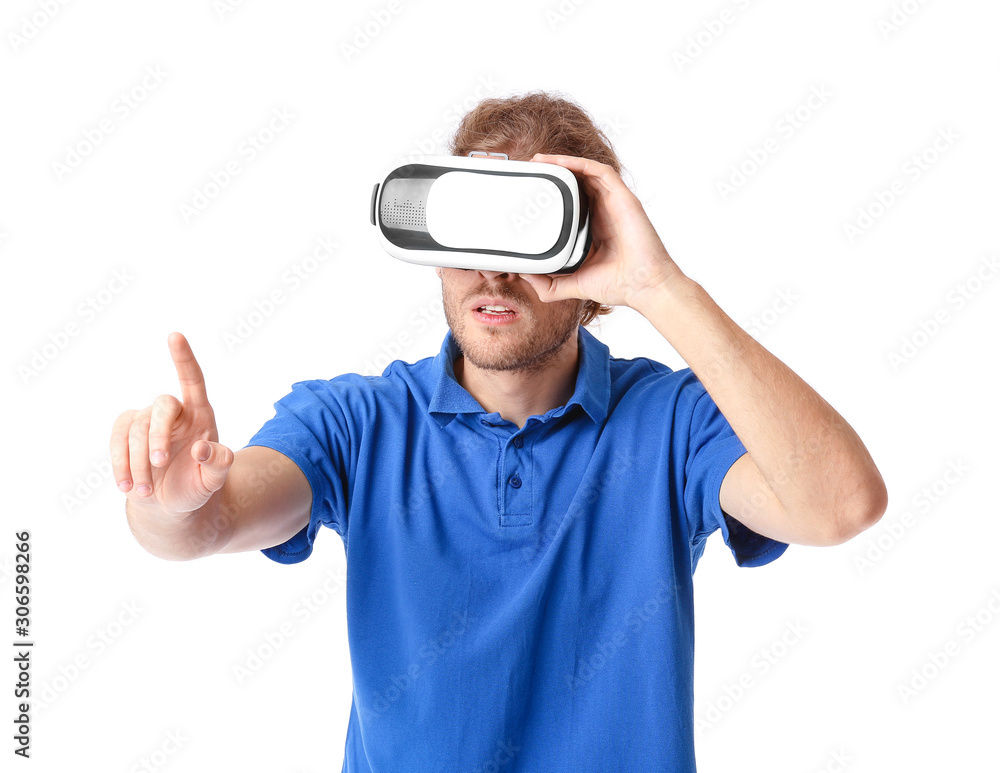 Young man with VR glasses on white background Young man with VR glasses on white background