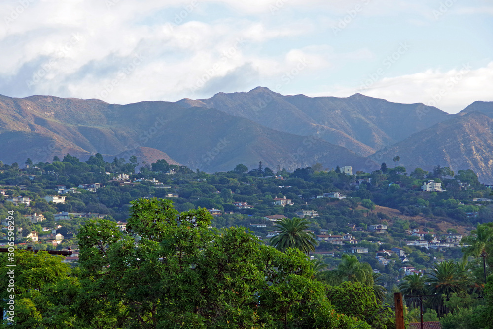 A panoramic high elevation overview over the Santa Barbara east side with the Santa Ynez mountain range in the back