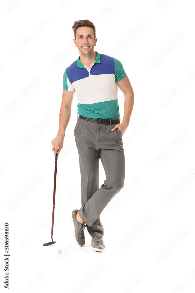 Handsome male golfer isolated on white