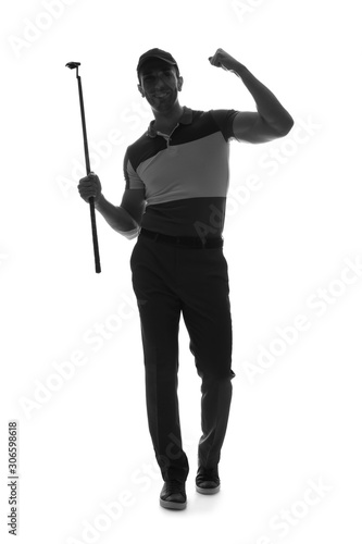 Silhouette of happy male golfer isolated on white