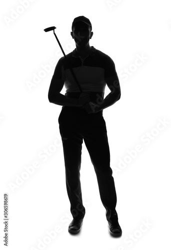 Silhouette of handsome male golfer isolated on white