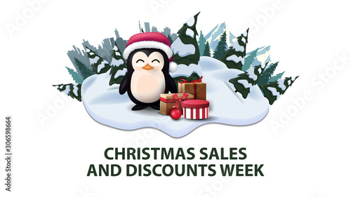Christmas sales and discounts week, modern discount banner with pines, drifts, mountain, city on horizont and penguin in Santa Claus hat with presents