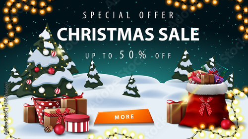 Special offer, Christmas sale, up to 50% off, discount banner with winter landscape. starry sky, garland, button, Christmas tree in a pot with gifts and Santa Claus bag with presents