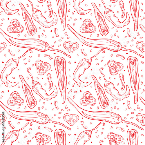 Vector illustrated red paprika chili pepper vegetable linear drawing pattern set