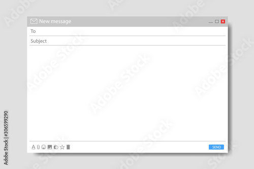 Email message template. Mockup blank mail screen window. Browser interface with with send form of mail box. Flat email page for message. Blank ui design. Frame interface for website. vector