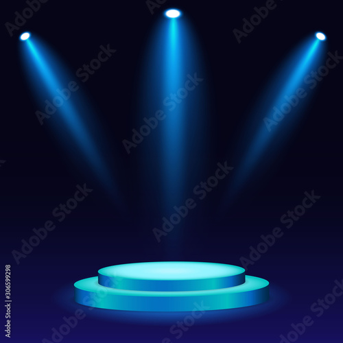 White 3d round podium with light and lamp. Winner stand with spotlights. Empty pedestal platform for award. Podium, stage pedestal or platform illuminated by light on isolated background. vector