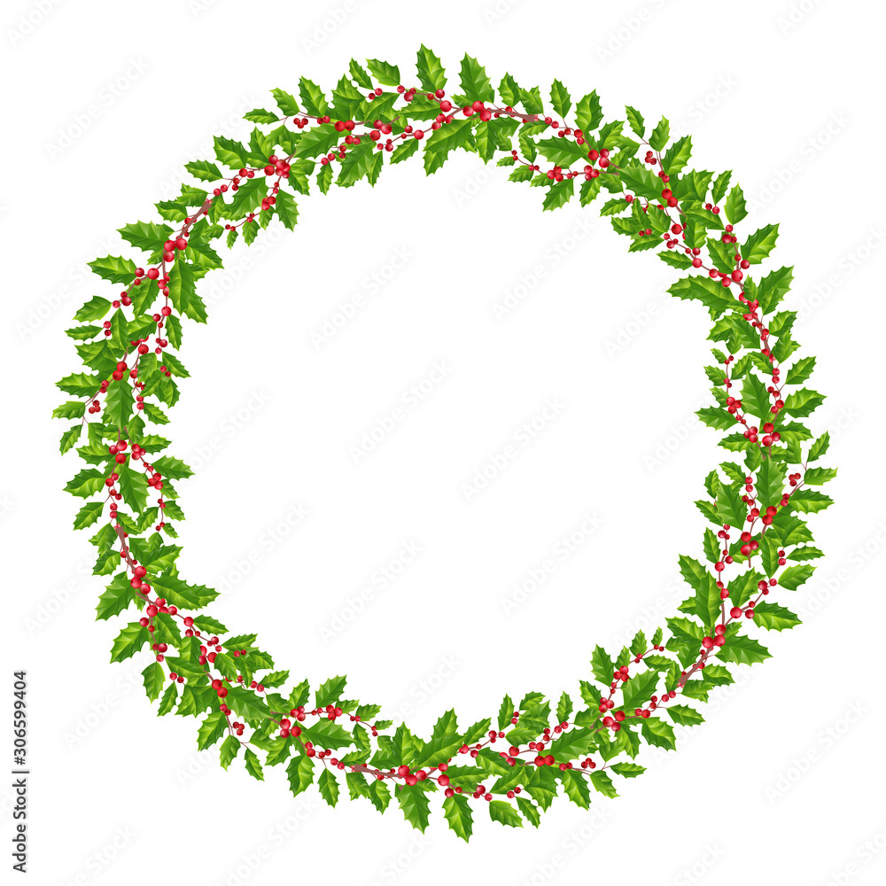 Christmas wreath decoration holly with green leaves and red berries.Traditional symbol for the festive season.Isolated