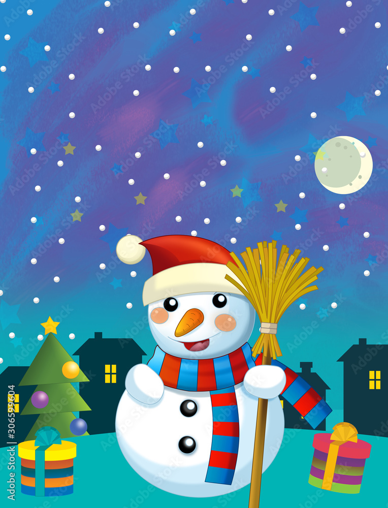 Naklejka premium Christmas happy scene with different animals santa claus and snowman - illustration for the children
