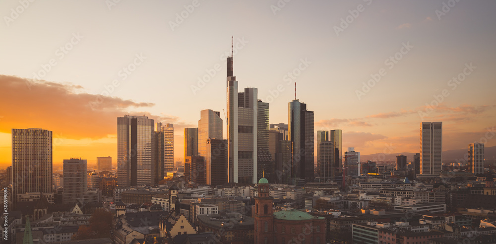 skyline of frankfurt am main at sunset