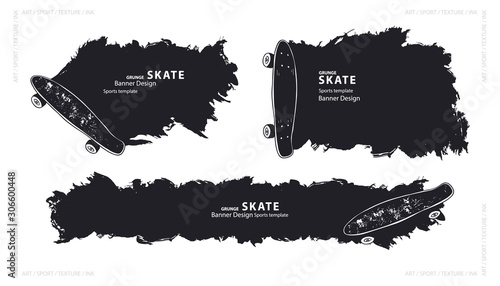 Collection of vector grunge designs with black skateboards. Hand drawing textures, ink. Sports abstract backgrounds for text..
