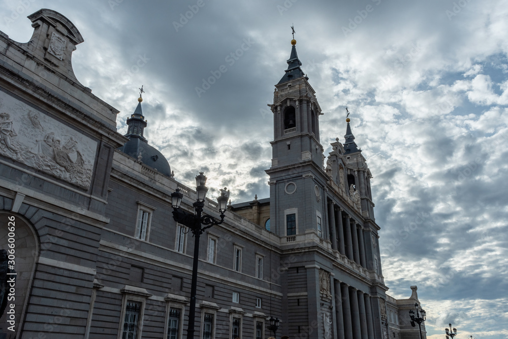 Side view of the Almudena Royal Cathedral in Madrid, Spain, at dusk