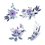 Watercolor blue dusty meadow flowers. Hand painted flat flowers isolated on white background. Elegant print. Winter wedding arrangement. Blue decor. Violet flowers. Wedding clipart