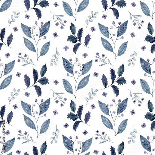 Watercolor seamless pattern with dusty blue meadowflowers. Ideal for textile, gift wrapping paper, apparel, home decor photo
