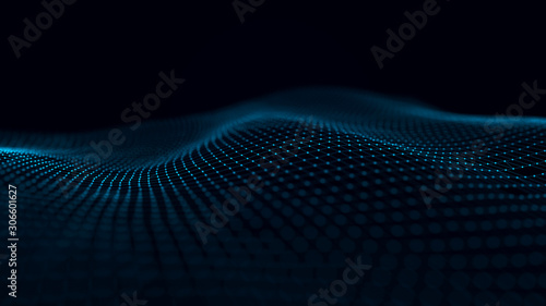 Futuristic background of dots and lines with a dynamic wave. Big data. 3d rendering. 4k. © Olena