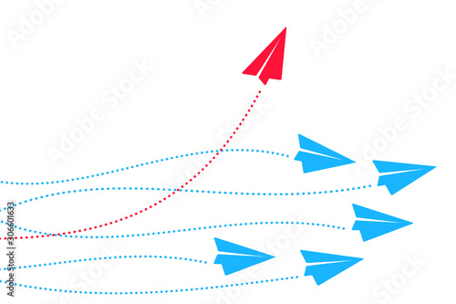 Red plane changes direction. New idea, trend, change, courage, innovation and unique concept of the path, new thinking with airplane, creative decision, think differently – vector