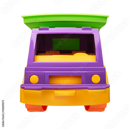 front view children plastic toy dump truck vector illustration on a white isolated background