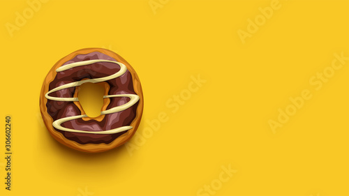 chocolate donut top view on yellow