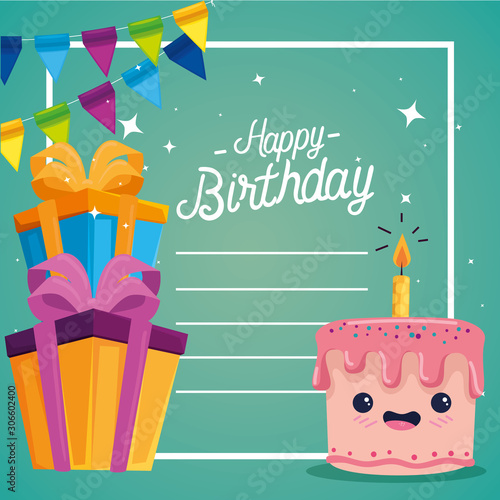 cake cartoon and gifts design, happy birthday celebration decoration party festive and surprise theme Vector illustration