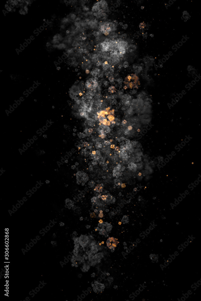 Fuel explosion on black 3d illustration. shock waves and smoke clubs,