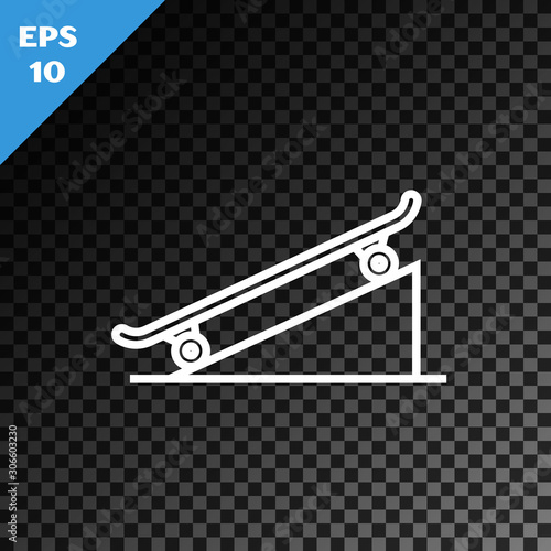 White line Skateboard on street ramp icon isolated on transparent dark background. Extreme sport. Sport equipment. Vector Illustration