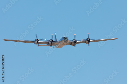 Front view of a rare WWII bomber (B-29 Superfortress) flying 