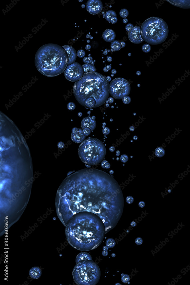 Abstract blue spheres and sparks. Digital fractal art. 3D rendering
