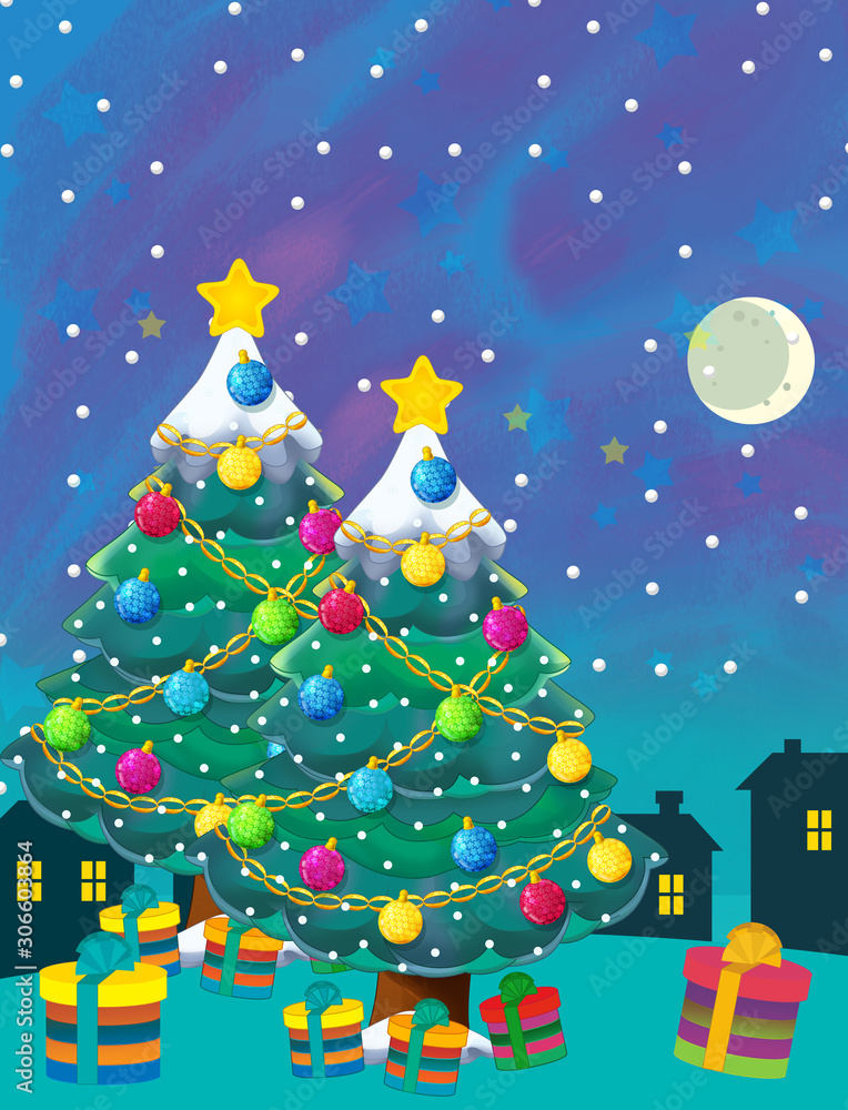 cartoon happy scene with christmas tree - illustration for children