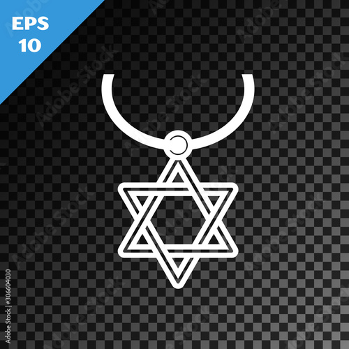 White line Star of David necklace on chain icon isolated on transparent dark background. Jewish religion symbol. Symbol of Israel. Jewellery and accessory. Vector Illustration