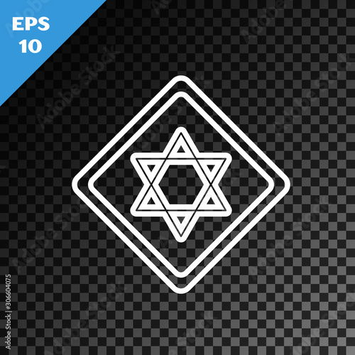White line Star of David icon isolated on transparent dark background. Jewish religion symbol. Symbol of Israel. Vector Illustration