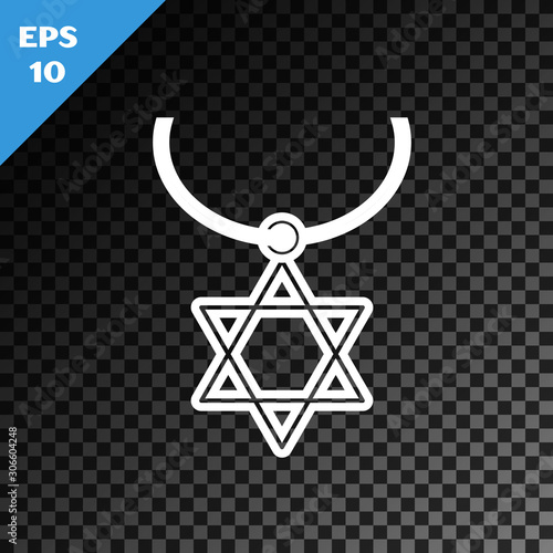 White line Star of David necklace on chain icon isolated on transparent dark background. Jewish religion symbol. Symbol of Israel. Jewellery and accessory. Vector Illustration
