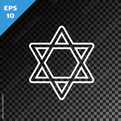 White line Star of David icon isolated on transparent dark background. Jewish religion symbol. Symbol of Israel. Vector Illustration